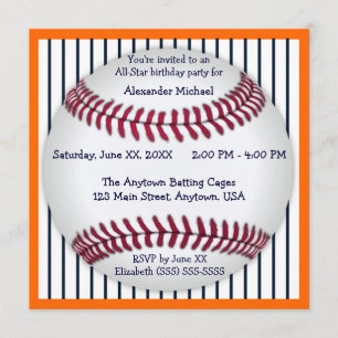 Invitation Fête d'anniversaire orange et bleue de base-ball