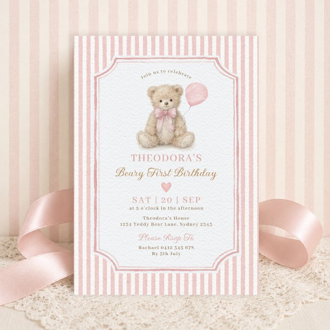Invitation Fête d'anniversaire ourson première année à rayure (Créateur téléchargé)