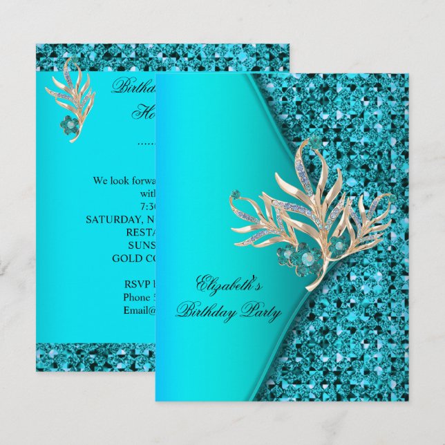 Invitation Fête d'anniversaire pailletée bleu sarcelle élégan (Devant / Derrière)
