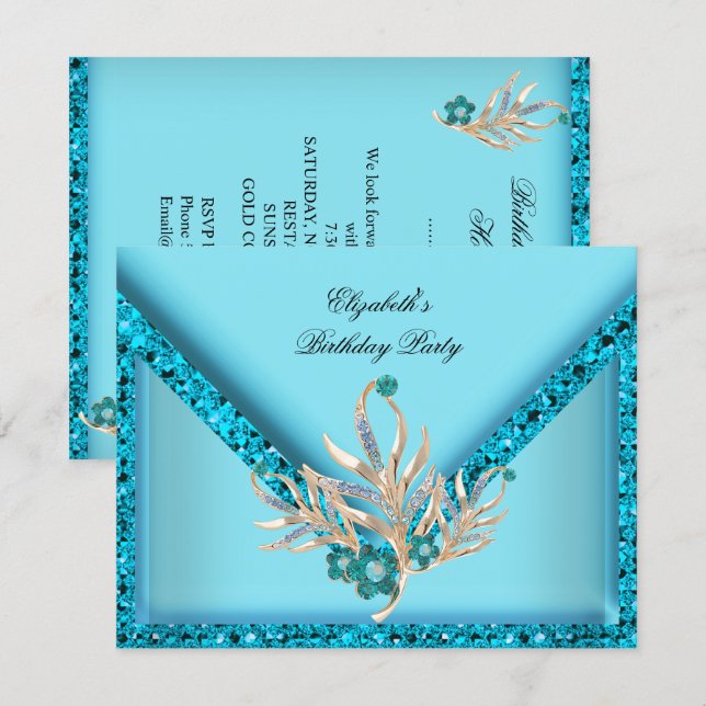 Invitation Fête d'anniversaire pailletée bleu sarcelle élégan (Devant / Derrière)