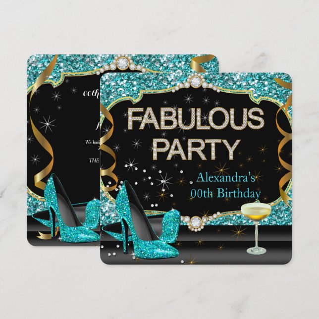 Invitation Fête d'anniversaire pailletée de sarcelle noire fa (Devant / Derrière)