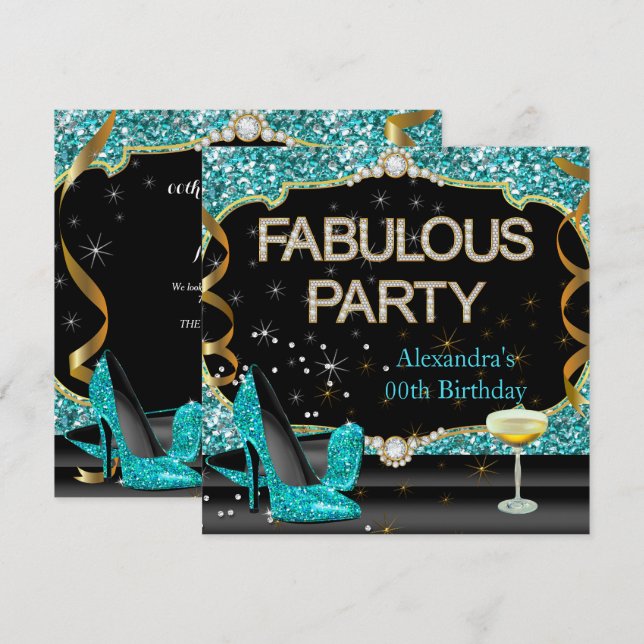 Invitation Fête d'anniversaire pailletée sarcelle noir fabule (Devant / Derrière)