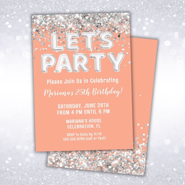 Invitation Fête d'anniversaire Paillettes Argentées Peach (Créateur téléchargé)