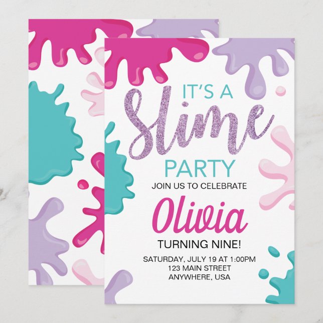 Invitation Fête d'anniversaire paillettes de Slime rose (Devant / Derrière)