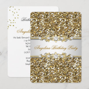 Invitation Fête d'anniversaire paillettes or diamant bijou do