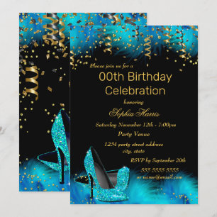 Invitation Fête d'anniversaire paillettes plume dorée talon b