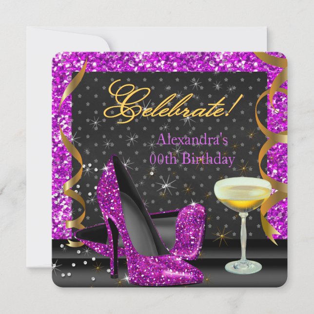 Invitation Fête d'anniversaire Paillettes Rose Violet Noir (Devant)