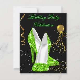 Invitation Fête d'anniversaire Paillettes Vert Citron Or