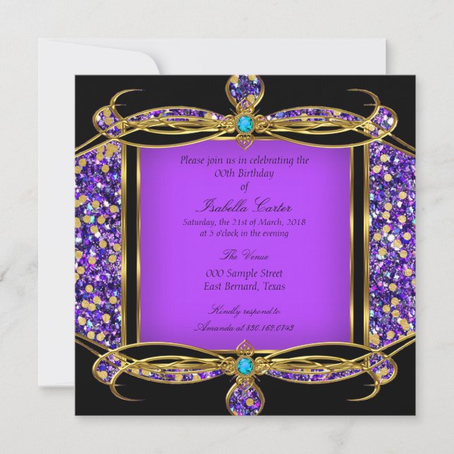 Invitation Fête d'anniversaire Paillettes Violet Turquoise Or (Devant)