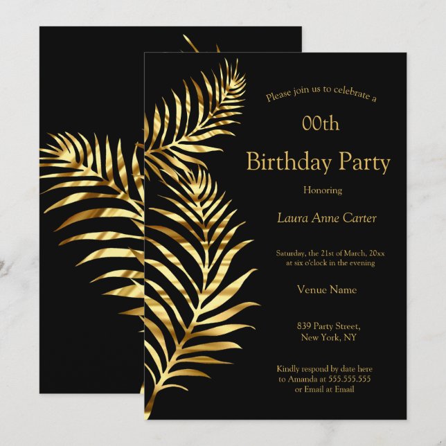 Invitation Fête d'anniversaire Palm Or Black Gold (Devant / Derrière)