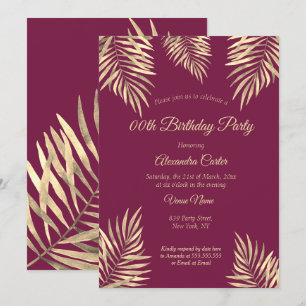Invitation Fête d'anniversaire Palmiers Or Sépia Prune Bourgo