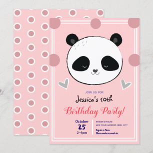Invitation Fête d'anniversaire Panda Face et Pois roses