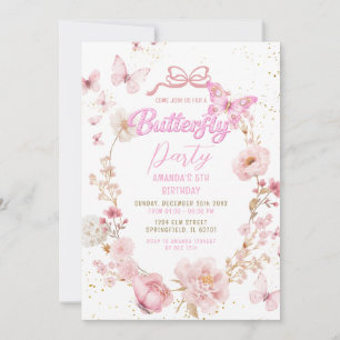 Invitation Fête d'anniversaire papillon aquarelle jardin rose