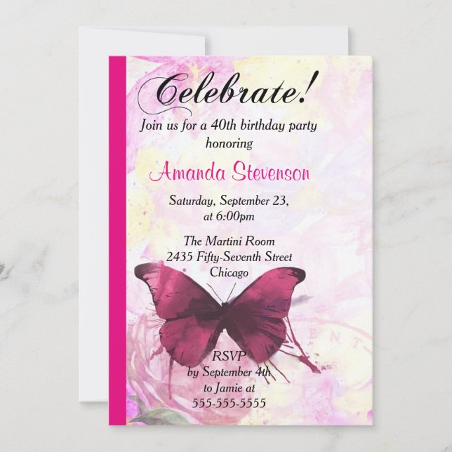 Invitation Fête d'anniversaire Papillon Aquarelle Violette (Devant)