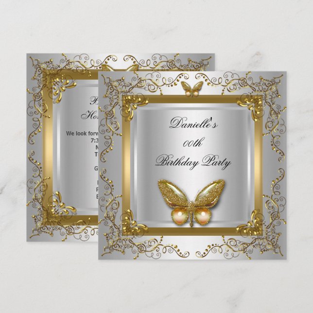 Invitation Fête d'anniversaire papillon argent blanc or (Devant / Derrière)