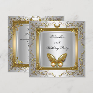 Invitation Fête d'anniversaire papillon argent blanc or