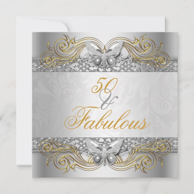 Invitation Fête d'anniversaire papillon argent or 50 fabuleux (Devant)