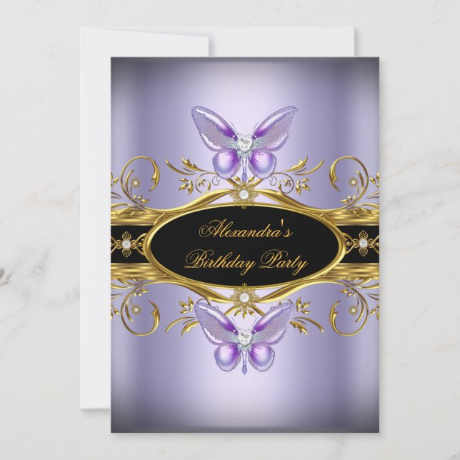 Invitation Fête d'anniversaire Papillon Bijou Noir Or Violet (Devant)