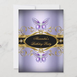 Invitation Fête d'anniversaire Papillon Bijou Noir Or Violet