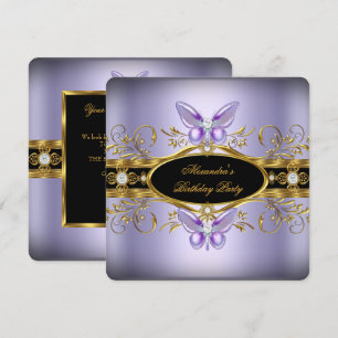Invitation Fête d'anniversaire Papillon Bijou Noir Or Violet