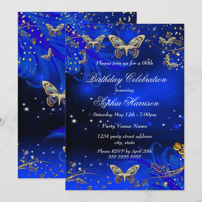 Invitation Fête d'anniversaire papillon bleu royal or scintil (Devant / Derrière)
