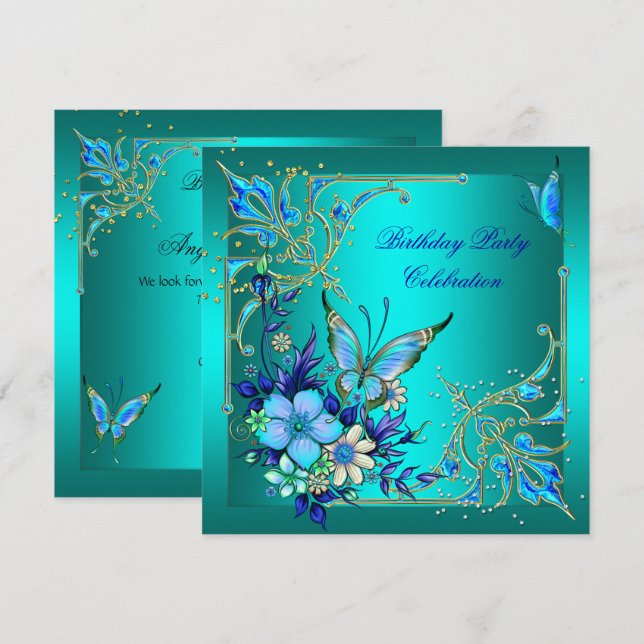 Invitation Fête d'anniversaire papillon bleu royal sarcelle (Devant / Derrière)