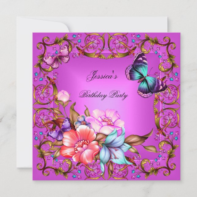 Invitation Fête d'anniversaire papillon bleu sarcelle florale (Devant)