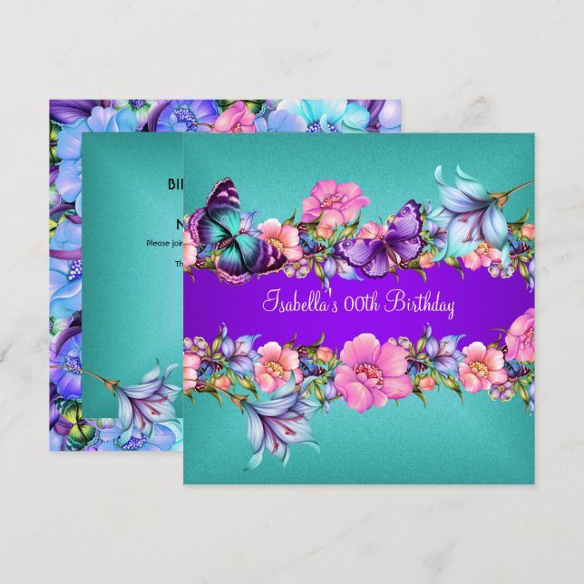 Invitation Fête d'anniversaire Papillon Bleu sarcelle Rose Vi (Devant / Derrière)