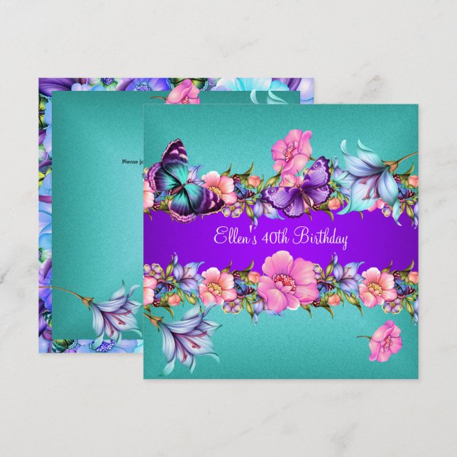 Invitation Fête d'anniversaire Papillon Bleu Violet Rose sarc (Devant / Derrière)