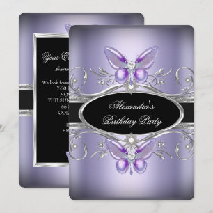 Invitation Fête d'anniversaire Papillon de Bijou Noir Argent 