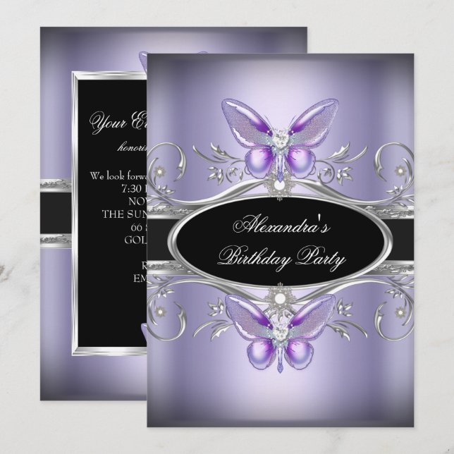 Invitation Fête d'anniversaire Papillon de nuit Bijou Noir Ar (Devant / Derrière)