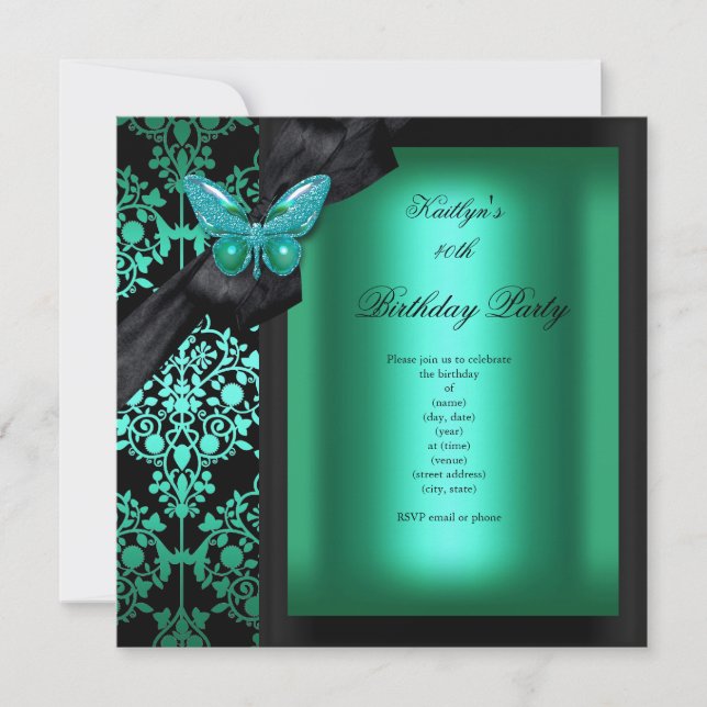 Invitation Fête d'anniversaire Papillon en damas vert jade (Devant)