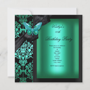 Invitation Fête d'anniversaire Papillon en damas vert jade