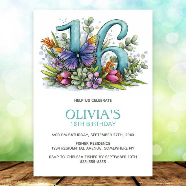 Invitation Fête d'anniversaire papillon floral 16 ans (Créateur téléchargé)