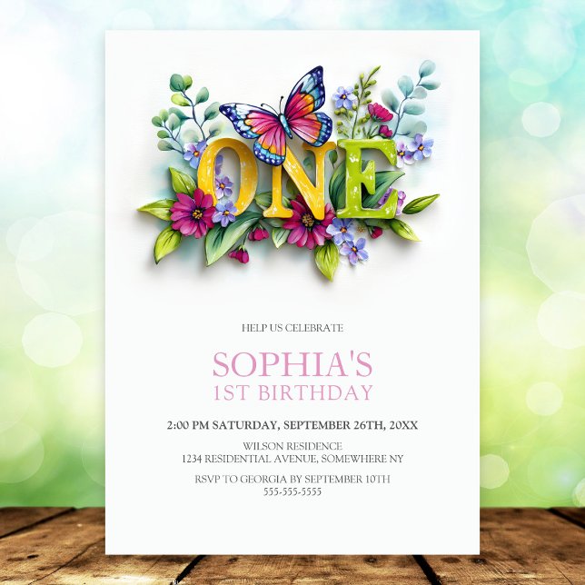 Invitation Fête d'anniversaire papillon floral 1 an (Créateur téléchargé)