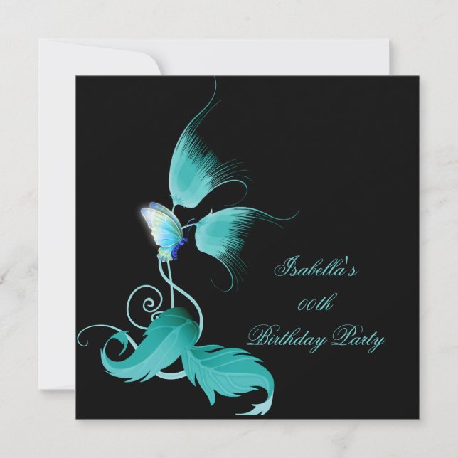 Invitation Fête d'anniversaire papillon floral bleu sarcelle  (Devant)