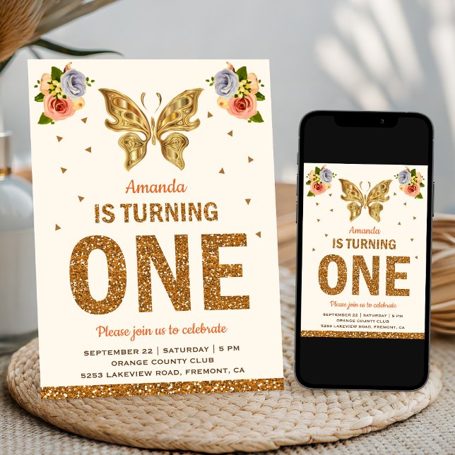 Invitation Fête d'anniversaire papillon floral or faux pour p (Créateur téléchargé)