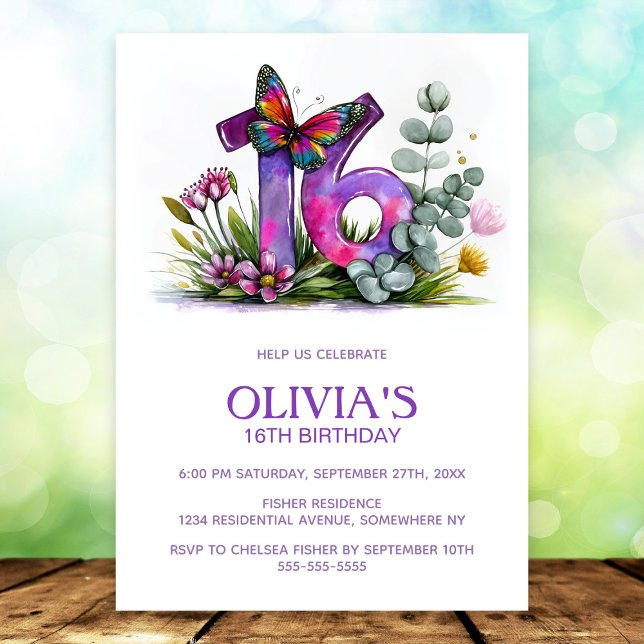 Invitation Fête d'anniversaire papillon floral violet rose 16 (Créateur téléchargé)