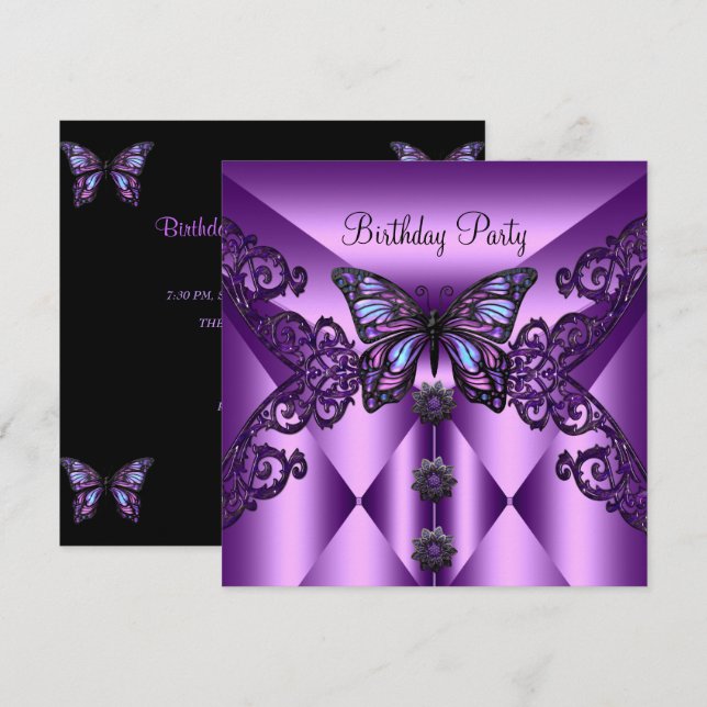 Invitation Fête d'anniversaire papillon lilas violet (Devant / Derrière)