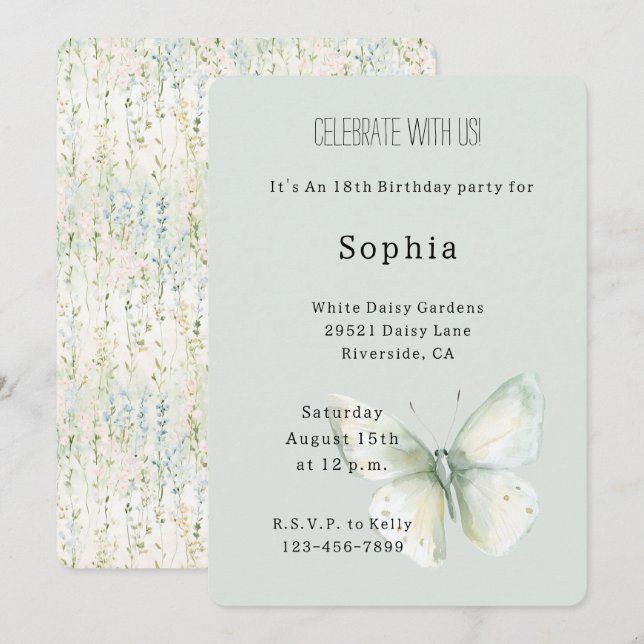 Invitation Fête d'anniversaire Papillon Menthe (Devant / Derrière)