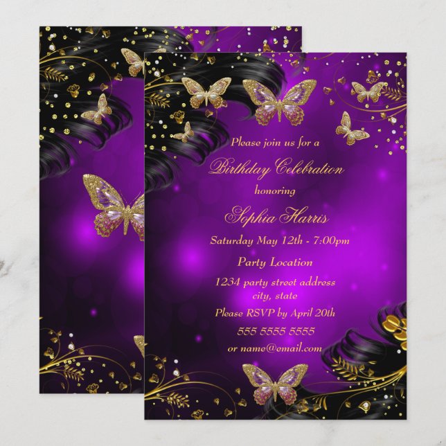 Invitation Fête d'anniversaire papillon noir or violet scinti (Devant / Derrière)