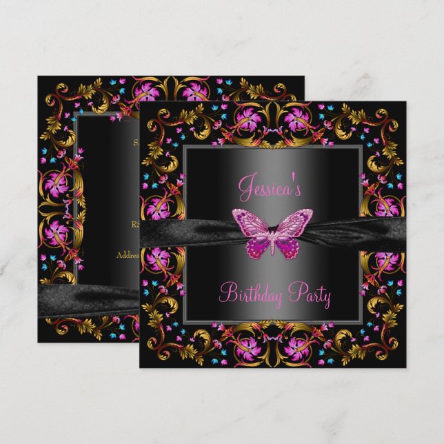 Invitation Fête d'anniversaire Papillon Noir Rose Floral (Devant / Derrière)