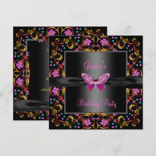 Invitation Fête d'anniversaire papillon noir rose floral