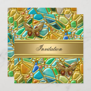 Invitation Fête d'anniversaire papillon Or Turquoise Mosaïque