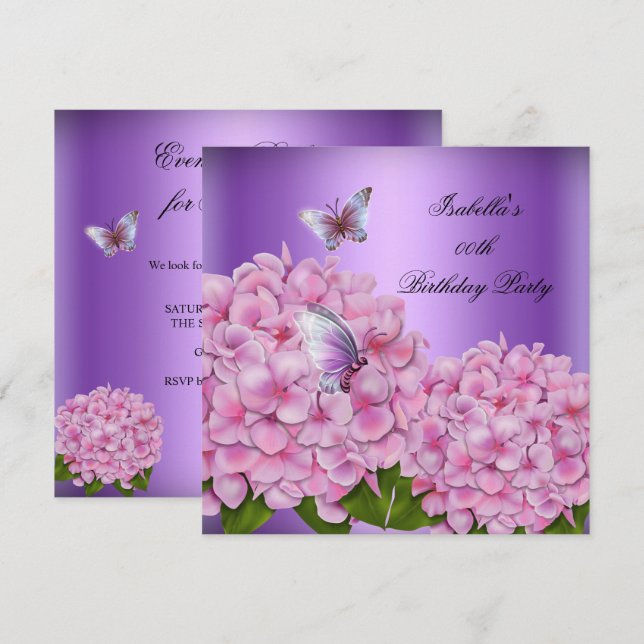 Invitation Fête d'anniversaire papillon rose floral pourpre (Devant / Derrière)