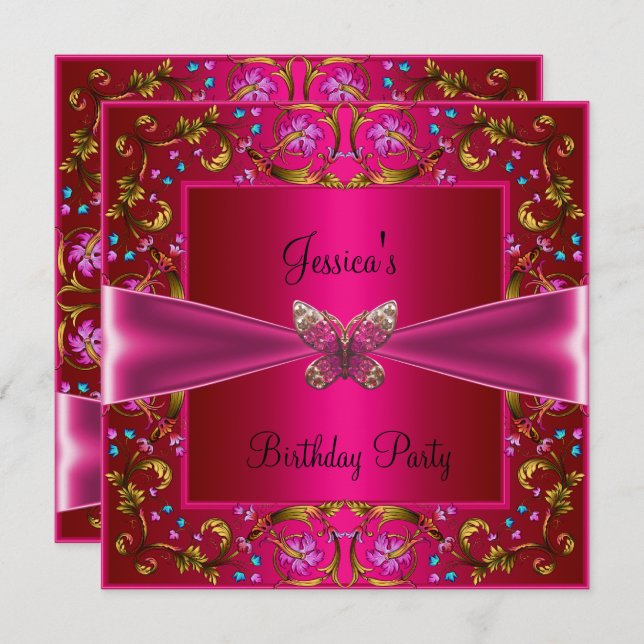 Invitation Fête d'anniversaire papillon rose fuchsia floral (Devant / Derrière)