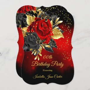 Invitation Fête d'anniversaire papillon Rouge Rose Floral Or