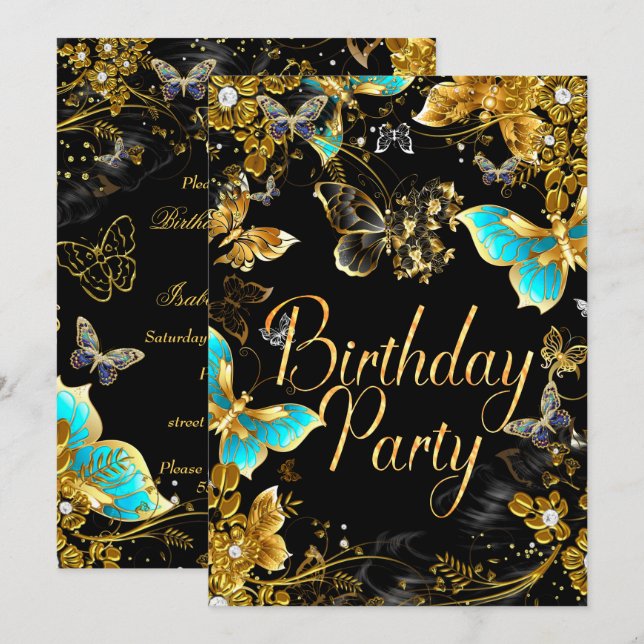 Invitation Fête d'anniversaire papillon sarcelle noir or scin (Devant / Derrière)