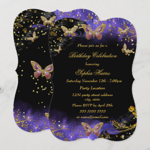 Invitation Fête d'anniversaire Papillon scintillant Or Noir V