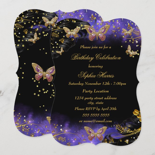 Invitation Fête d'anniversaire Papillon scintillant Or Noir V (Devant / Derrière)